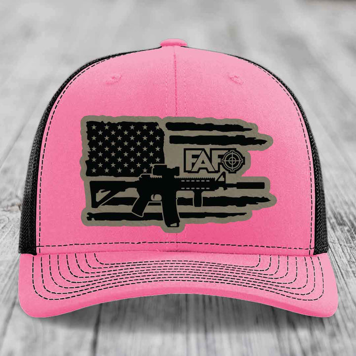 American Flag with AR15 FAFO - Leather Patch Hat - Light Brown to Black Patch - Richardson 112 Snapback Trucker Hat