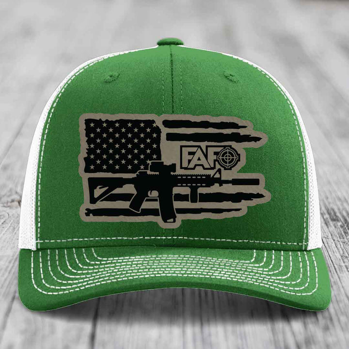 American Flag with AR15 FAFO - Leather Patch Hat - Light Brown to Black Patch - Richardson 112 Snapback Trucker Hat