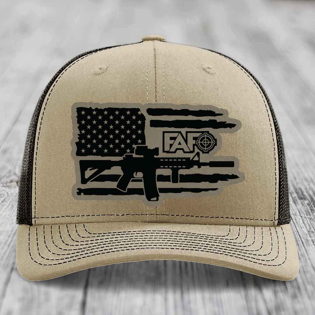 American Flag with AR15 FAFO - Leather Patch Hat - Light Brown to Black Patch - Richardson 112 Snapback Trucker Hat
