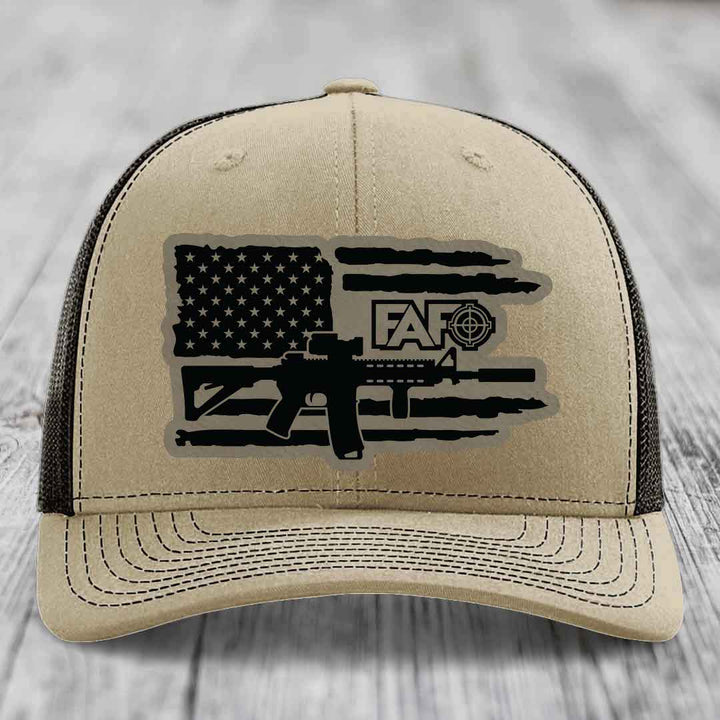 American Flag with AR15 FAFO - Leather Patch Hat - Light Brown to Black Patch - Richardson 112 Snapback Trucker Hat