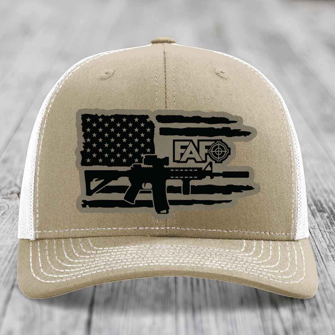 American Flag with AR15 FAFO - Leather Patch Hat - Light Brown to Black Patch - Richardson 112 Snapback Trucker Hat