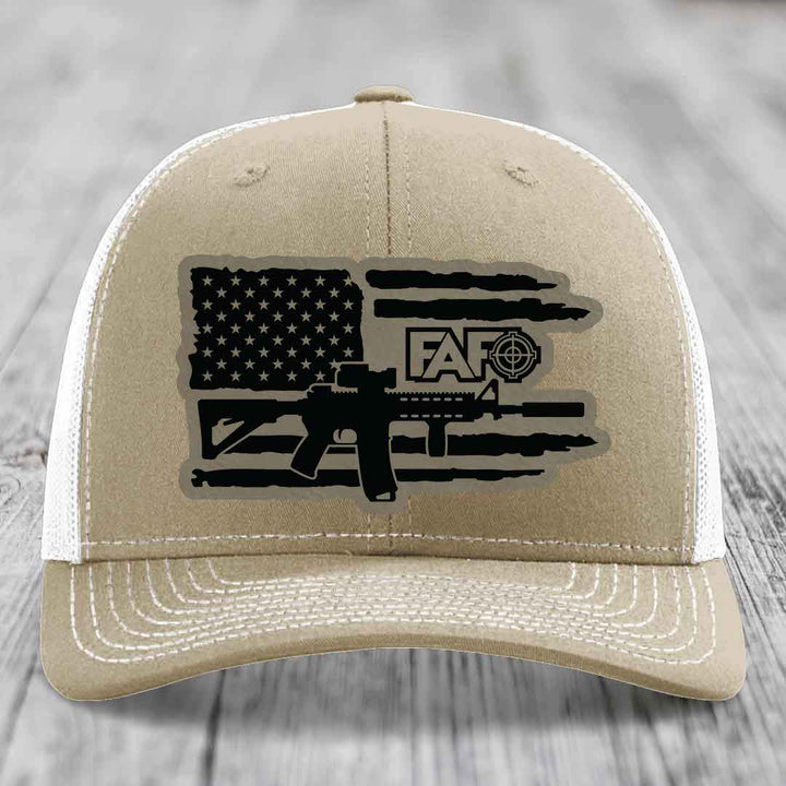 American Flag with AR15 FAFO - Leather Patch Hat - Light Brown to Black Patch - Richardson 112 Snapback Trucker Hat