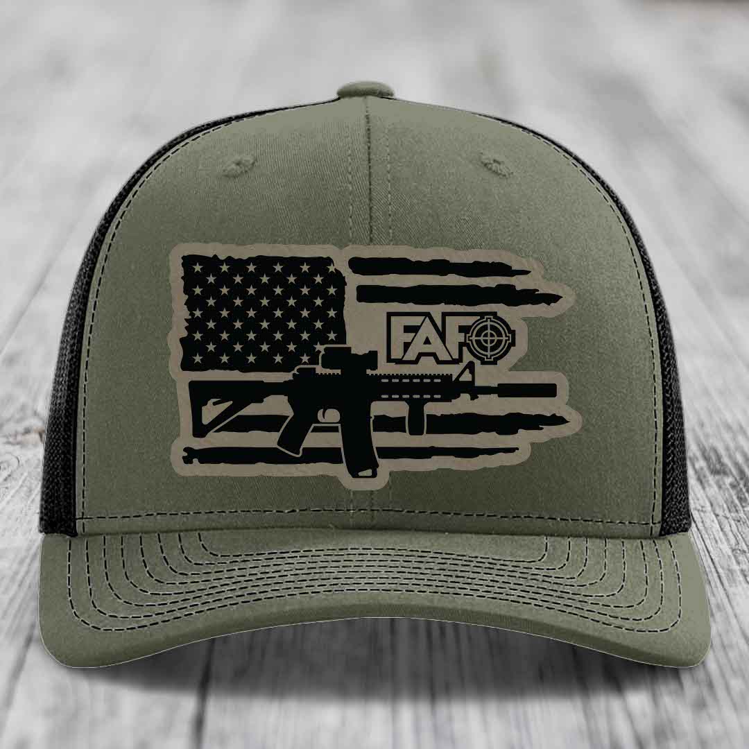 American Flag with AR15 FAFO - Leather Patch Hat - Light Brown to Black Patch - Richardson 112 Snapback Trucker Hat