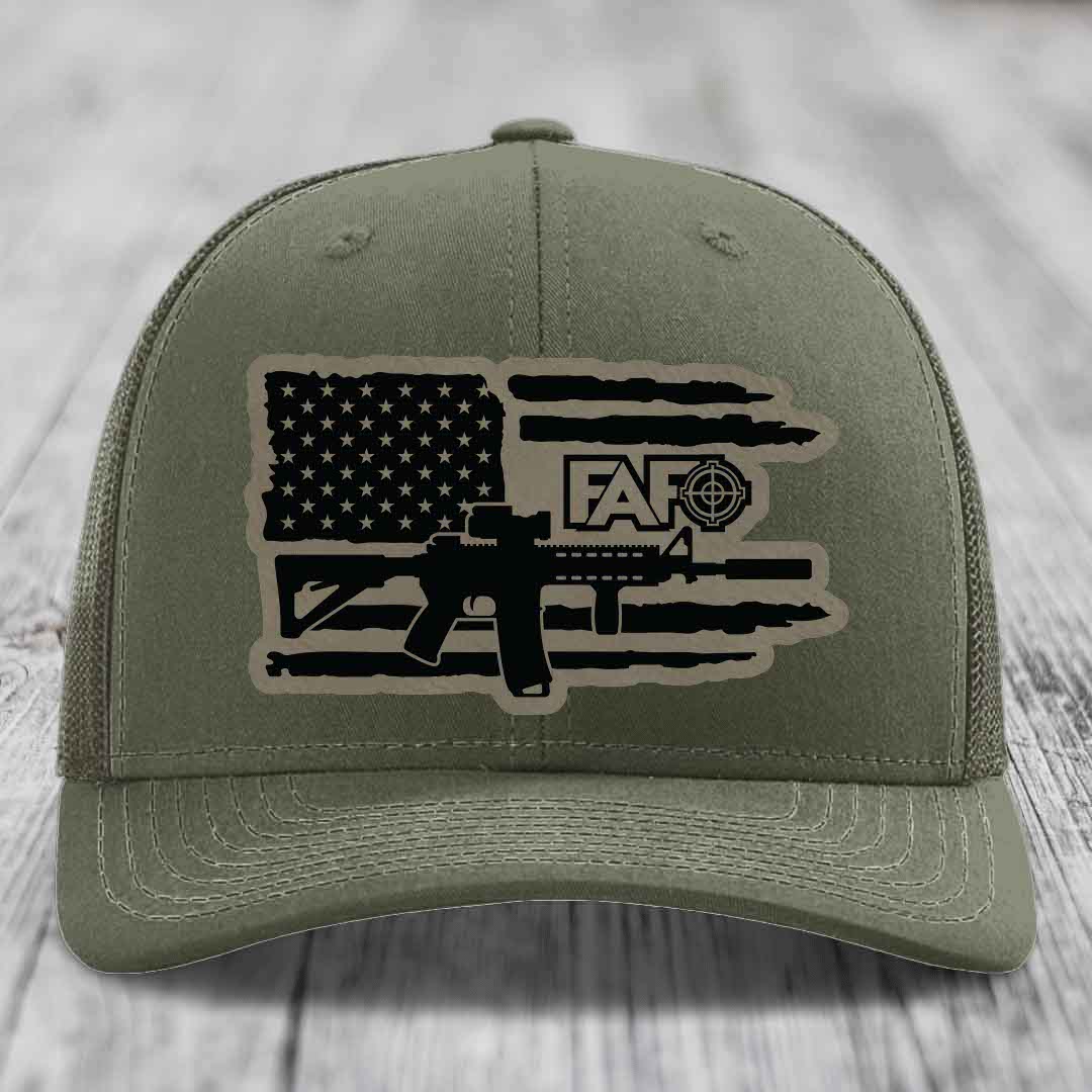 American Flag with AR15 FAFO - Leather Patch Hat - Light Brown to Black Patch - Richardson 112 Snapback Trucker Hat