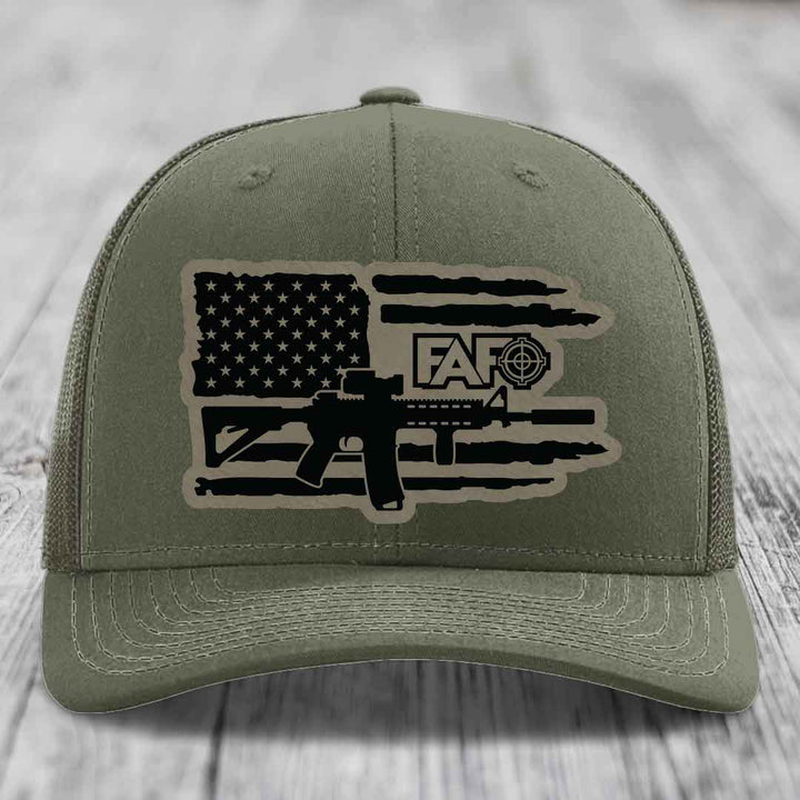 American Flag with AR15 FAFO - Leather Patch Hat - Light Brown to Black Patch - Richardson 112 Snapback Trucker Hat