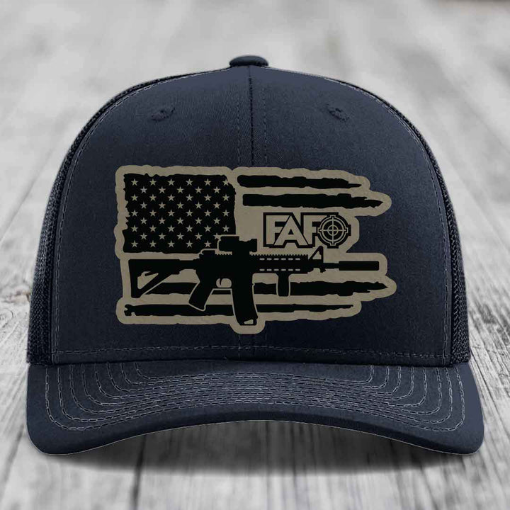 American Flag with AR15 FAFO - Leather Patch Hat - Light Brown to Black Patch - Richardson 112 Snapback Trucker Hat