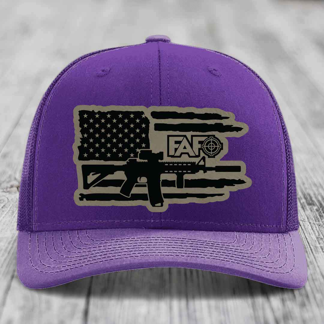 American Flag with AR15 FAFO - Leather Patch Hat - Light Brown to Black Patch - Richardson 112 Snapback Trucker Hat
