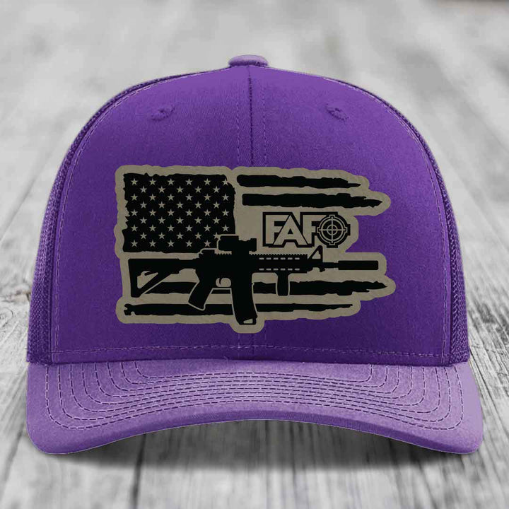 American Flag with AR15 FAFO - Leather Patch Hat - Light Brown to Black Patch - Richardson 112 Snapback Trucker Hat