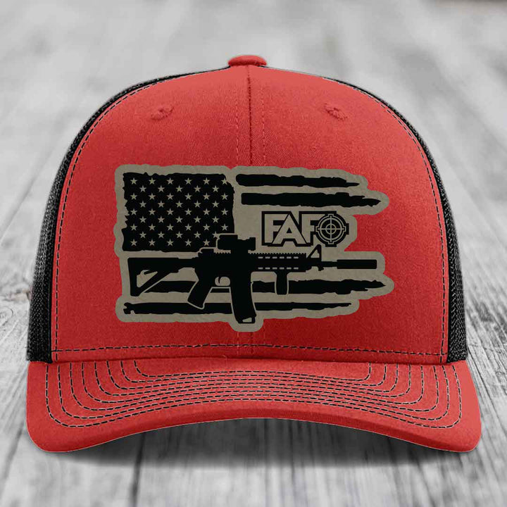 American Flag with AR15 FAFO - Leather Patch Hat - Light Brown to Black Patch - Richardson 112 Snapback Trucker Hat