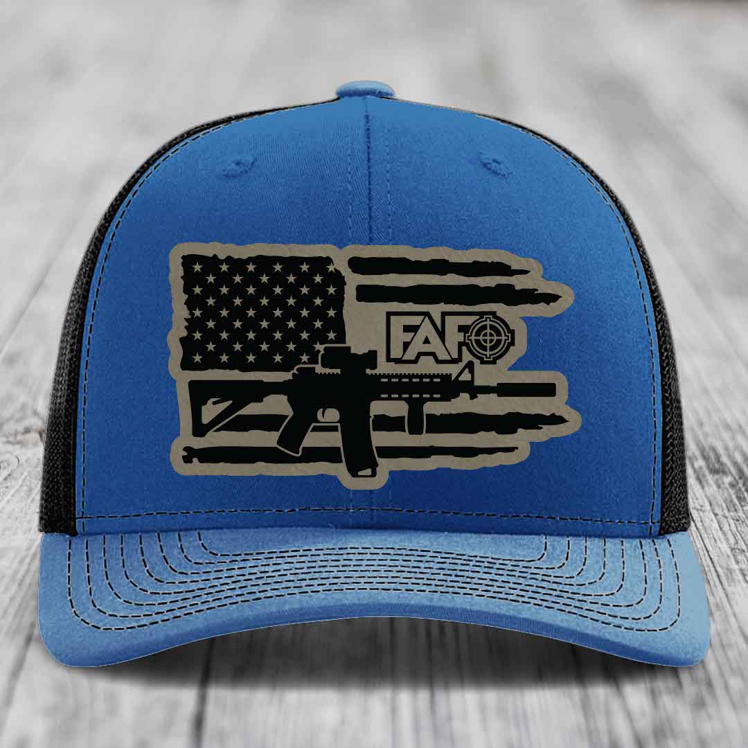 American Flag with AR15 FAFO - Leather Patch Hat - Light Brown to Black Patch - Richardson 112 Snapback Trucker Hat