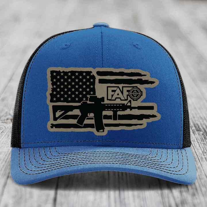 American Flag with AR15 FAFO - Leather Patch Hat - Light Brown to Black Patch - Richardson 112 Snapback Trucker Hat