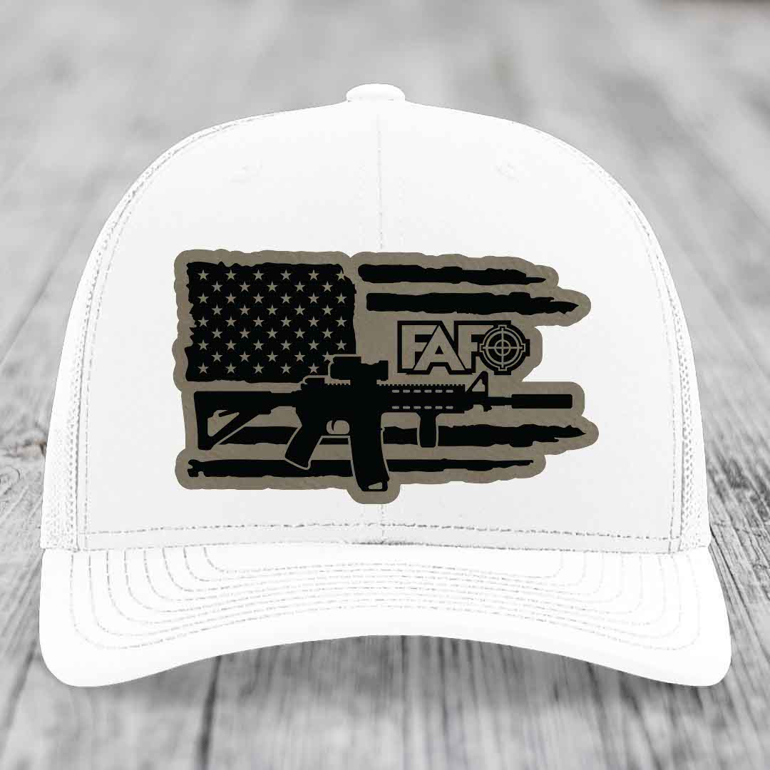 American Flag with AR15 FAFO - Leather Patch Hat - Light Brown to Black Patch - Richardson 112 Snapback Trucker Hat