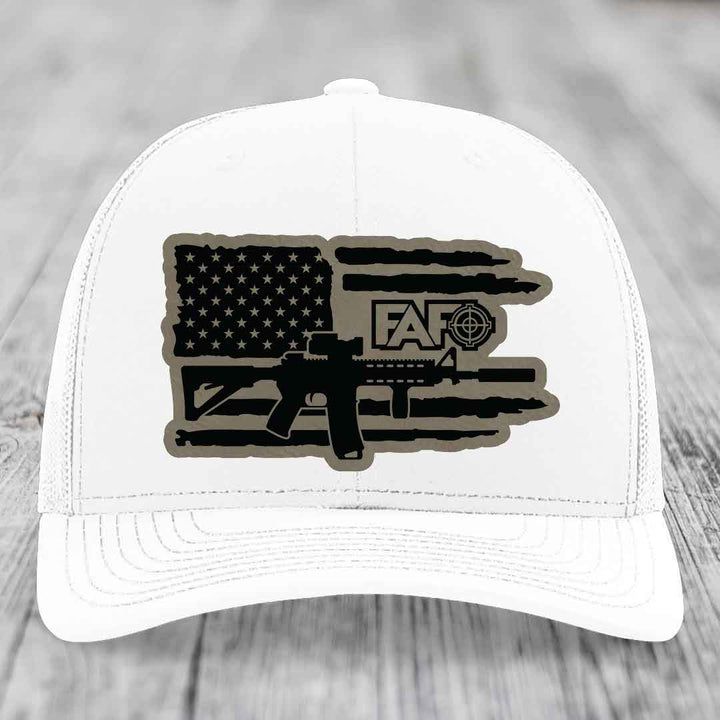 American Flag with AR15 FAFO - Leather Patch Hat - Light Brown to Black Patch - Richardson 112 Snapback Trucker Hat