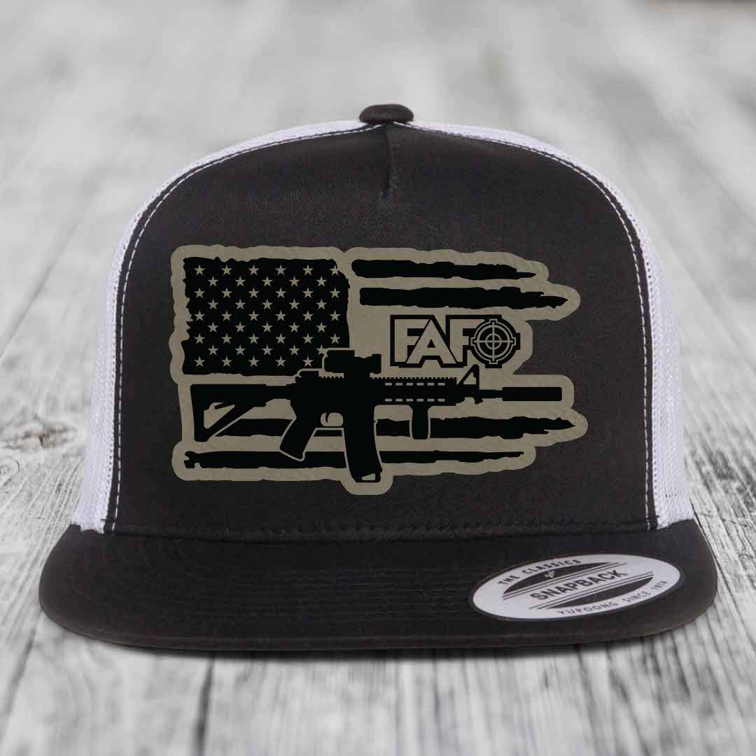 American Flag with AR15 FAFO - Leather Patch Hat - Light Brown to Black Patch - Yupoong 6006 Snapback Flatbill Hat