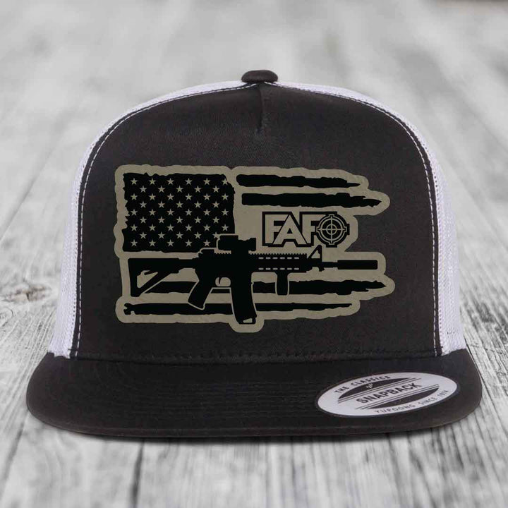 American Flag with AR15 FAFO - Leather Patch Hat - Light Brown to Black Patch - Yupoong 6006 Snapback Flatbill Hat