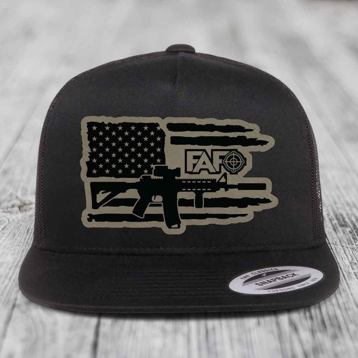 American Flag with AR15 FAFO - Leather Patch Hat - Light Brown to Black Patch - Yupoong 6006 Snapback Flatbill Hat