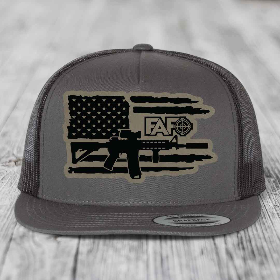 American Flag with AR15 FAFO - Leather Patch Hat - Light Brown to Black Patch - Yupoong 6006 Snapback Flatbill Hat