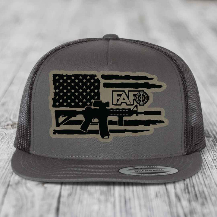 American Flag with AR15 FAFO - Leather Patch Hat - Light Brown to Black Patch - Yupoong 6006 Snapback Flatbill Hat