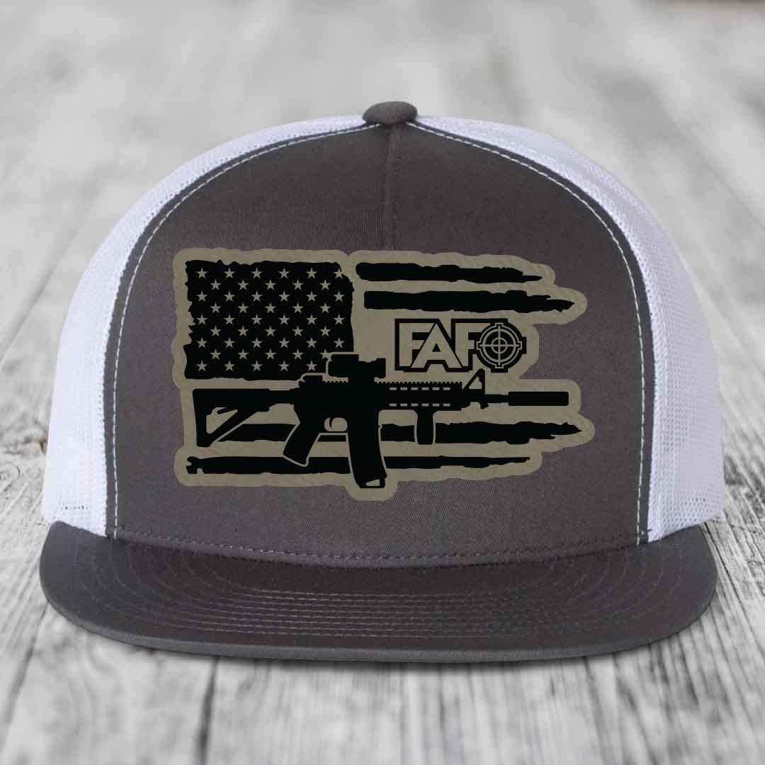 American Flag with AR15 FAFO - Leather Patch Hat - Light Brown to Black Patch - Yupoong 6006 Snapback Flatbill Hat