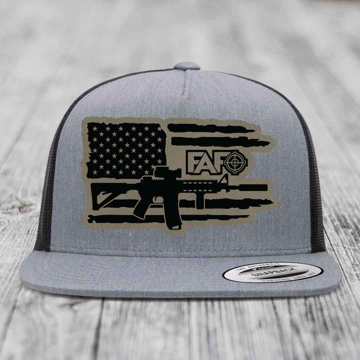 American Flag with AR15 FAFO - Leather Patch Hat - Light Brown to Black Patch - Yupoong 6006 Snapback Flatbill Hat
