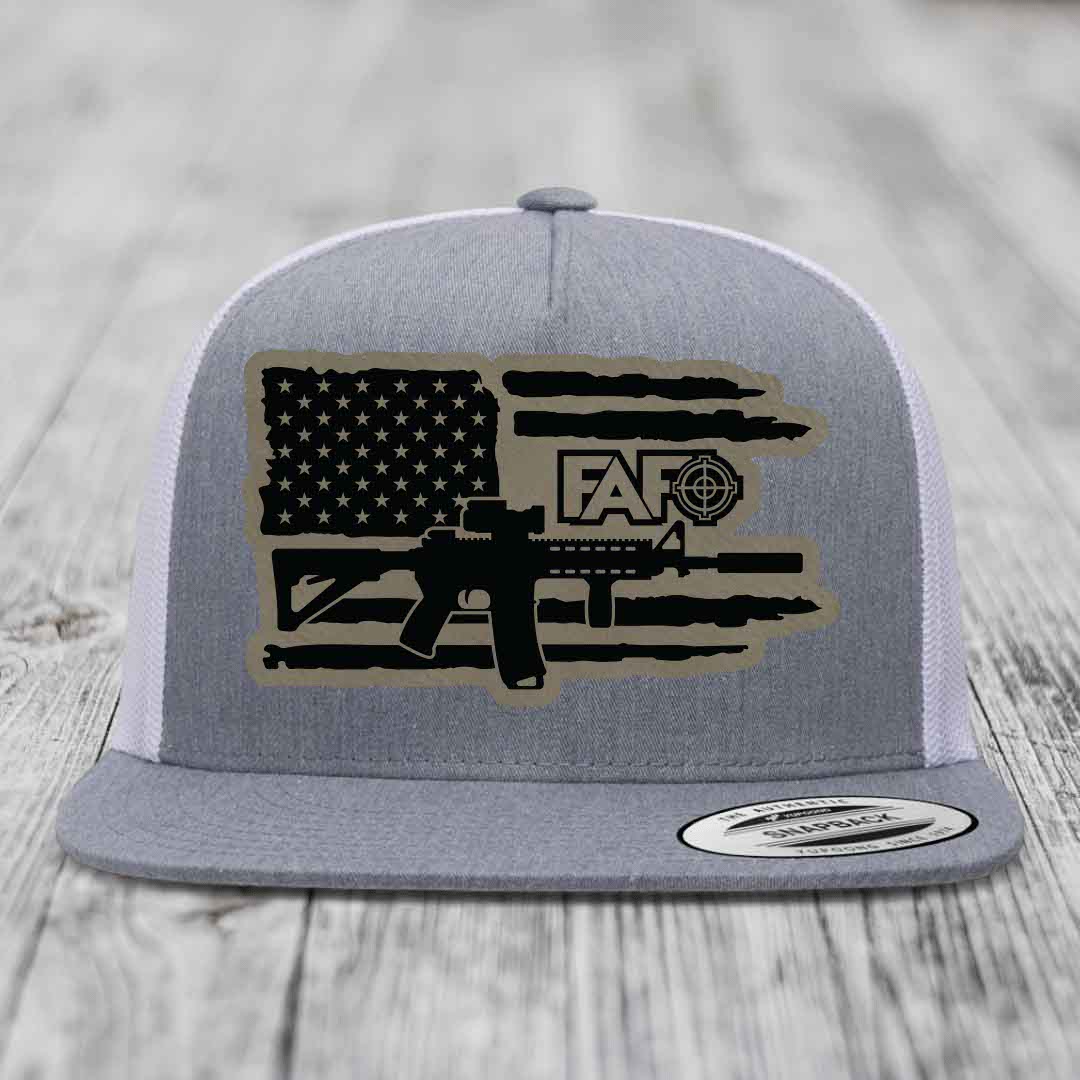 American Flag with AR15 FAFO - Leather Patch Hat - Light Brown to Black Patch - Yupoong 6006 Snapback Flatbill Hat