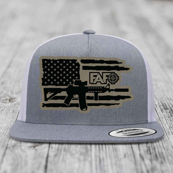 American Flag with AR15 FAFO - Leather Patch Hat - Light Brown to Black Patch - Yupoong 6006 Snapback Flatbill Hat