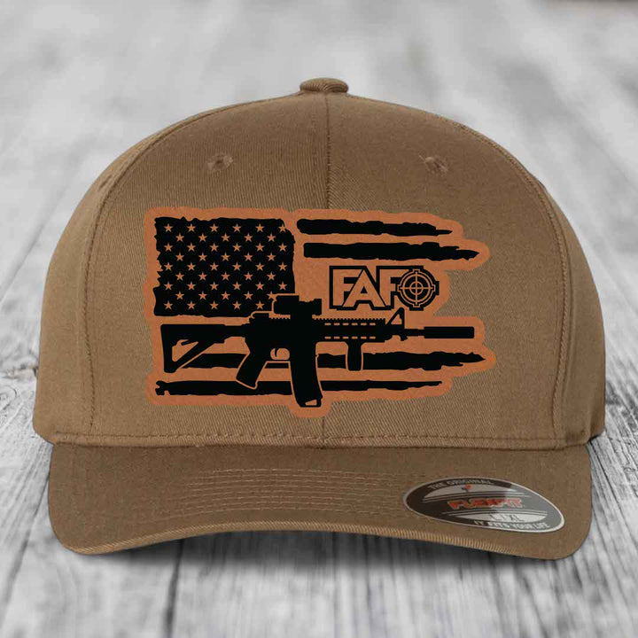American Flag with AR15 FAFO - Leather Patch Hat - Rawhide to Black Patch - Flexfit 6277 Fitted Hat