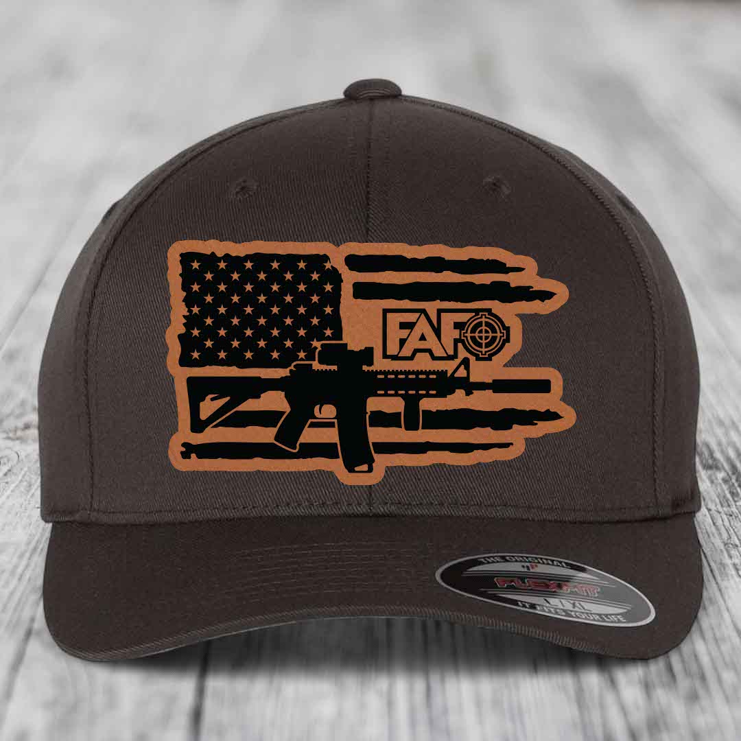 American Flag with AR15 FAFO - Leather Patch Hat - Rawhide to Black Patch - Flexfit 6277 Fitted Hat
