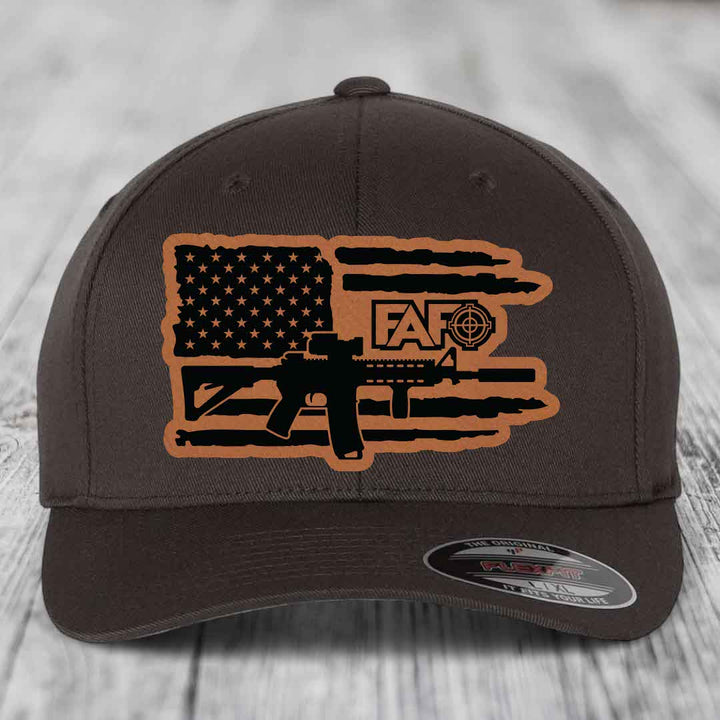 American Flag with AR15 FAFO - Leather Patch Hat - Rawhide to Black Patch - Flexfit 6277 Fitted Hat