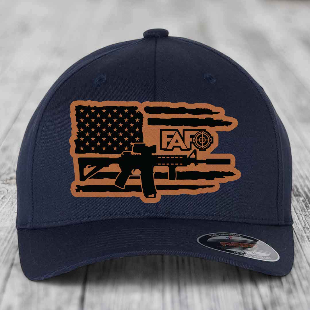 American Flag with AR15 FAFO - Leather Patch Hat - Rawhide to Black Patch - Flexfit 6277 Fitted Hat