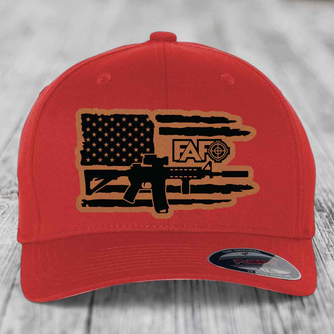 American Flag with AR15 FAFO - Leather Patch Hat - Rawhide to Black Patch - Flexfit 6277 Fitted Hat