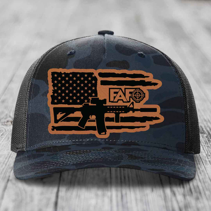 American Flag with AR15 FAFO - Leather Patch Hat - Rawhide to Black Patch - Richardson 112PFP Snapback Trucker Hat