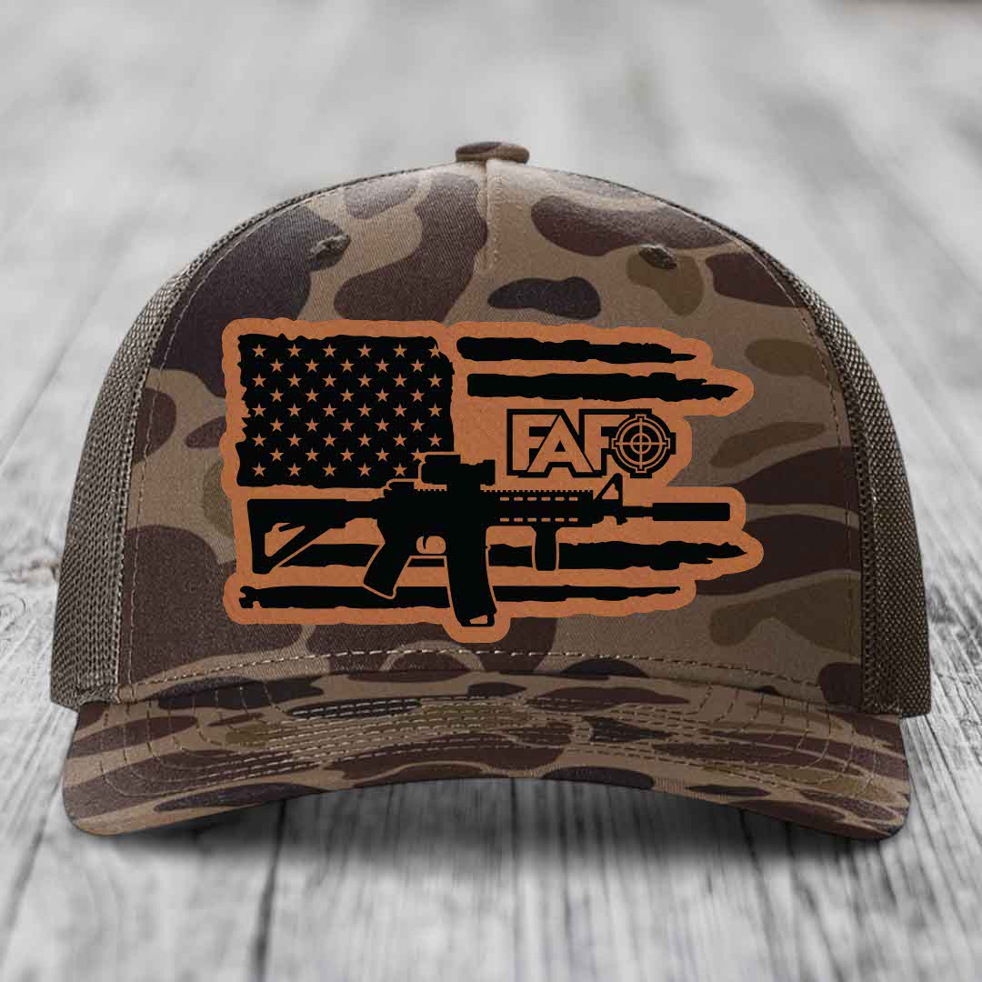American Flag with AR15 FAFO - Leather Patch Hat - Rawhide to Black Patch - Richardson 112PFP Snapback Trucker Hat