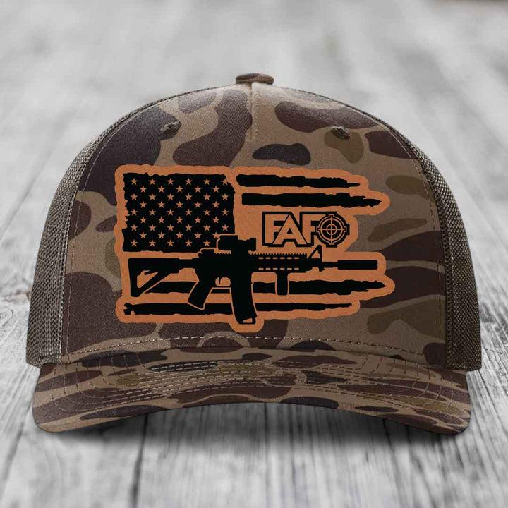 American Flag with AR15 FAFO - Leather Patch Hat - Rawhide to Black Patch - Richardson 112PFP Snapback Trucker Hat