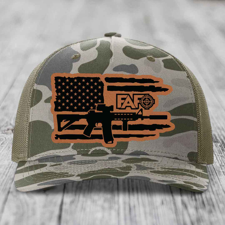 American Flag with AR15 FAFO - Leather Patch Hat - Rawhide to Black Patch - Richardson 112PFP Snapback Trucker Hat