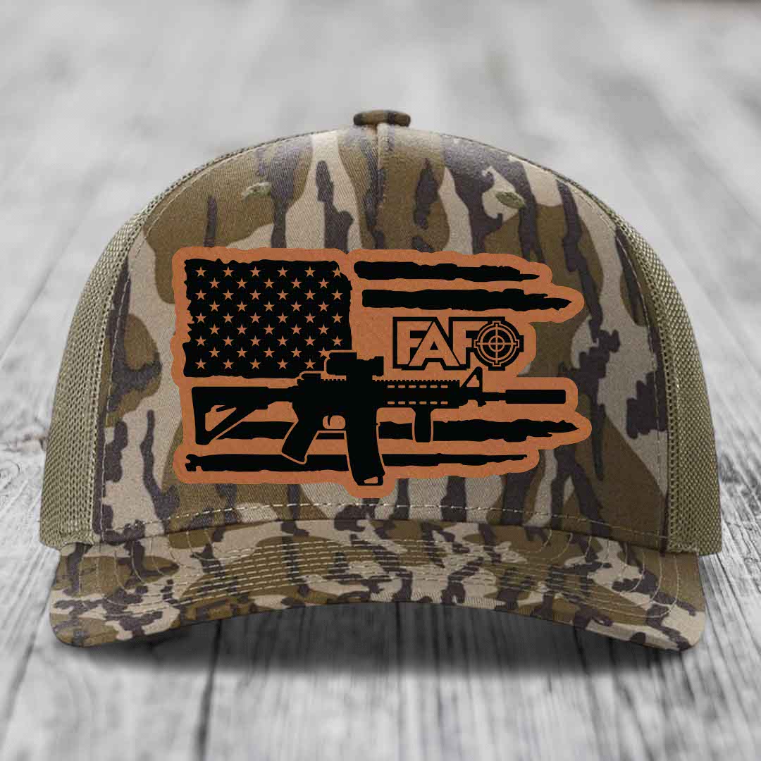 American Flag with AR15 FAFO - Leather Patch Hat - Rawhide to Black Patch - Richardson 112PFP Snapback Trucker Hat