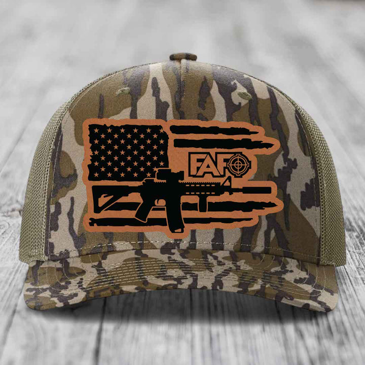 American Flag with AR15 FAFO - Leather Patch Hat - Rawhide to Black Patch - Richardson 112PFP Snapback Trucker Hat