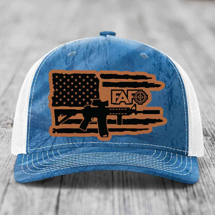 American Flag with AR15 FAFO - Leather Patch Hat - Rawhide to Black Patch - Richardson 112PFP Snapback Trucker Hat