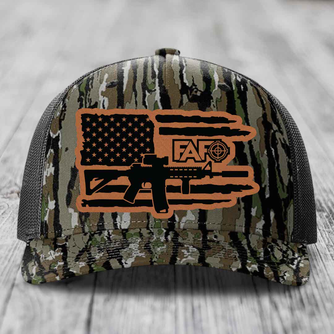 American Flag with AR15 FAFO - Leather Patch Hat - Rawhide to Black Patch - Richardson 112PFP Snapback Trucker Hat