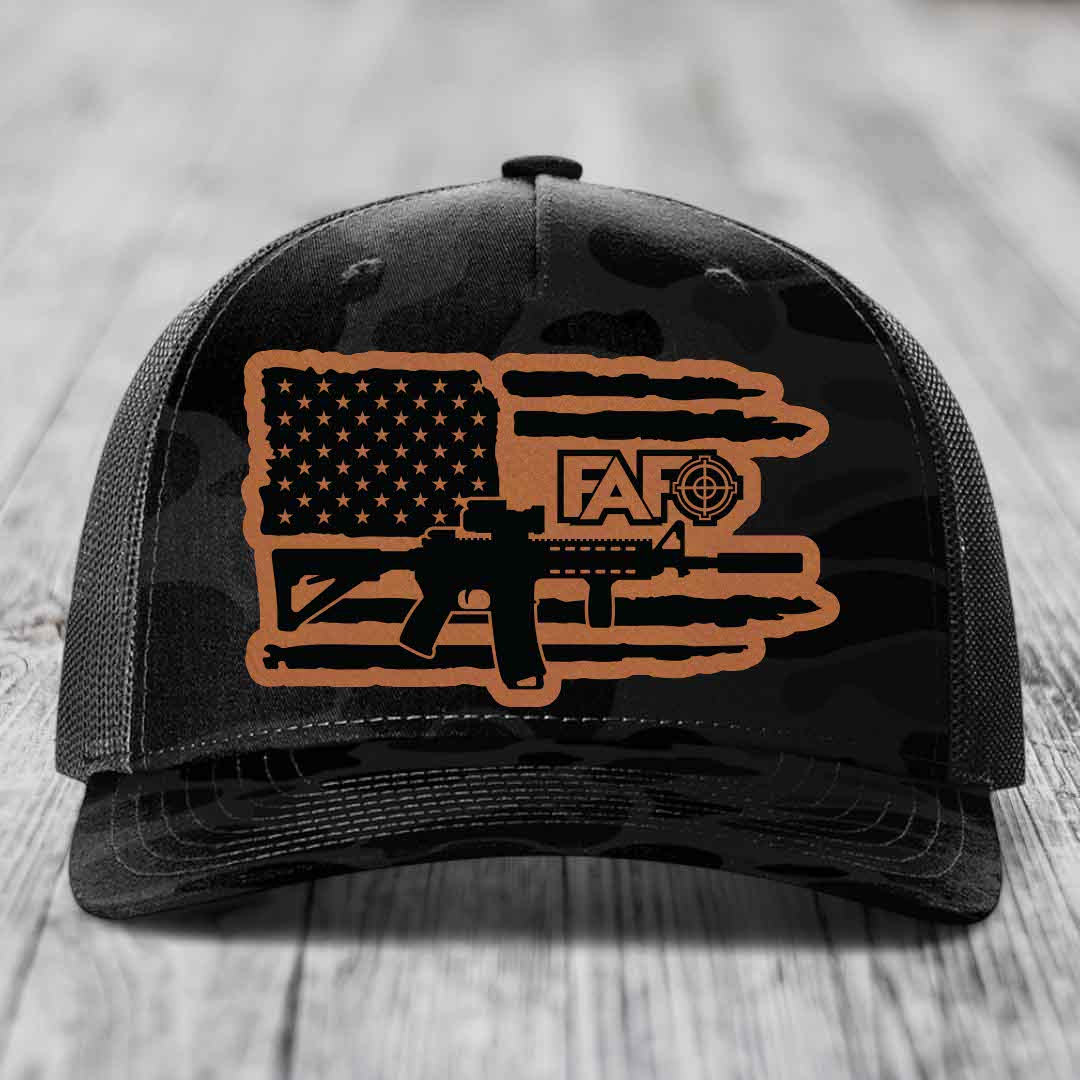 American Flag with AR15 FAFO - Leather Patch Hat - Rawhide to Black Patch - Richardson 112PFP Snapback Trucker Hat