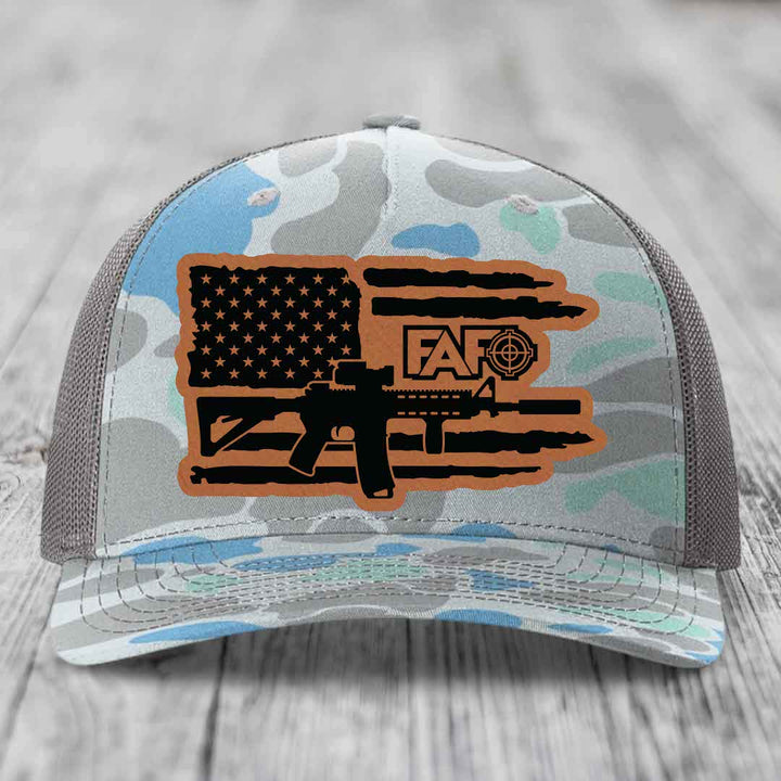 American Flag with AR15 FAFO - Leather Patch Hat - Rawhide to Black Patch - Richardson 112PFP Snapback Trucker Hat