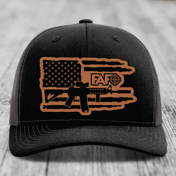 American Flag with AR15 FAFO - Leather Patch Hat - Rawhide to Black Patch - Richardson 112 Snapback Trucker Hat