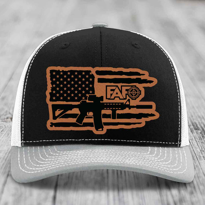 American Flag with AR15 FAFO - Leather Patch Hat - Rawhide to Black Patch - Richardson 112 Snapback Trucker Hat