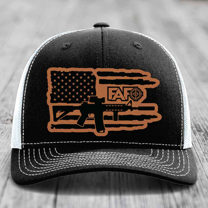 American Flag with AR15 FAFO - Leather Patch Hat - Rawhide to Black Patch - Richardson 112 Snapback Trucker Hat