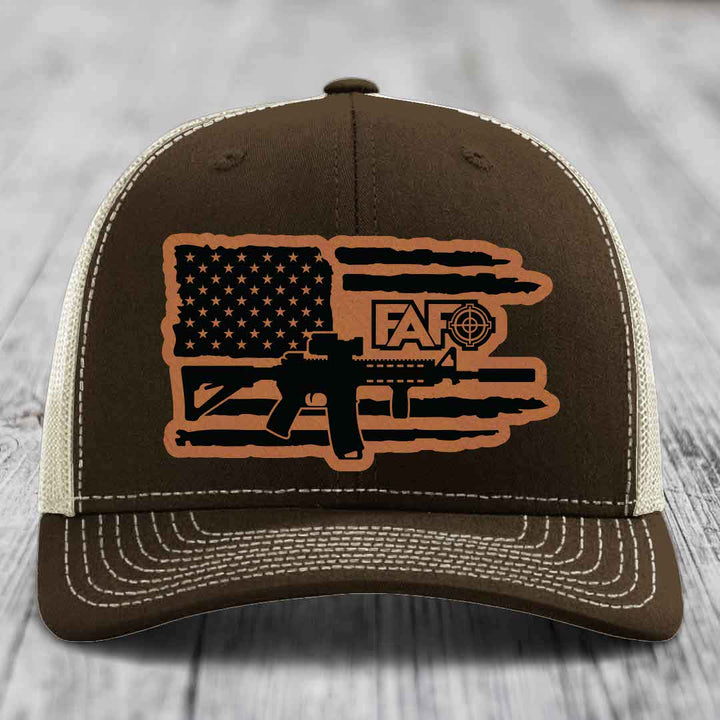 American Flag with AR15 FAFO - Leather Patch Hat - Rawhide to Black Patch - Richardson 112 Snapback Trucker Hat