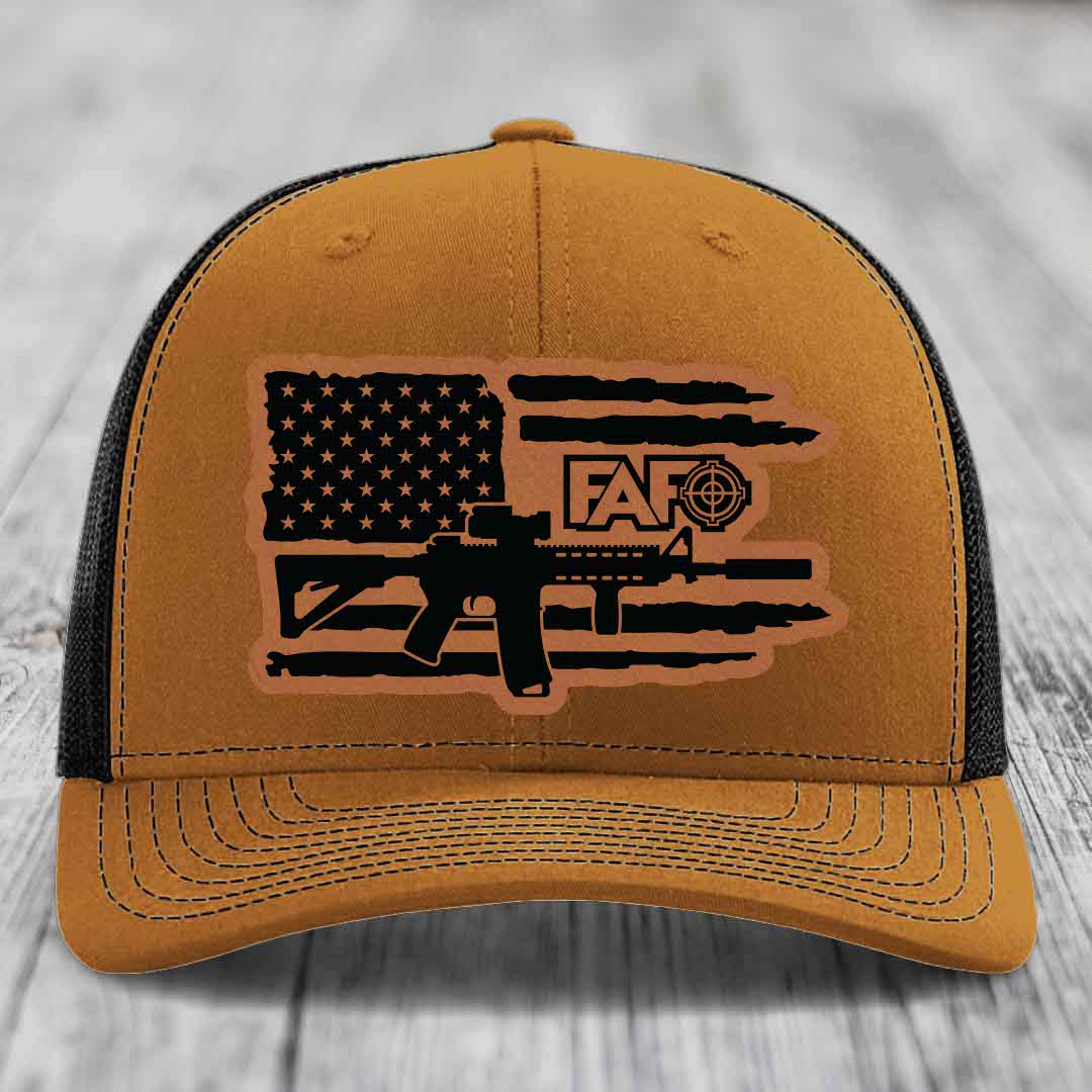 American Flag with AR15 FAFO - Leather Patch Hat - Rawhide to Black Patch - Richardson 112 Snapback Trucker Hat