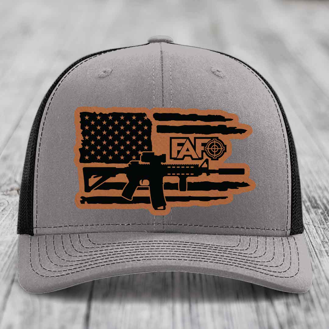 American Flag with AR15 FAFO - Leather Patch Hat - Rawhide to Black Patch - Richardson 112 Snapback Trucker Hat