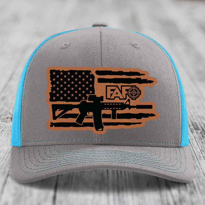 American Flag with AR15 FAFO - Leather Patch Hat - Rawhide to Black Patch - Richardson 112 Snapback Trucker Hat