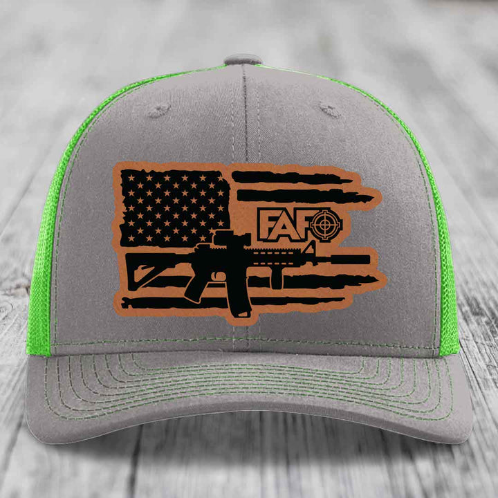 American Flag with AR15 FAFO - Leather Patch Hat - Rawhide to Black Patch - Richardson 112 Snapback Trucker Hat