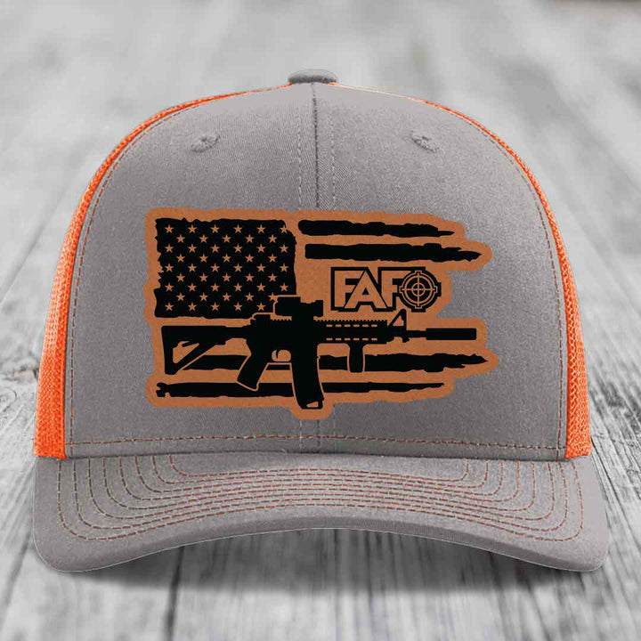 American Flag with AR15 FAFO - Leather Patch Hat - Rawhide to Black Patch - Richardson 112 Snapback Trucker Hat